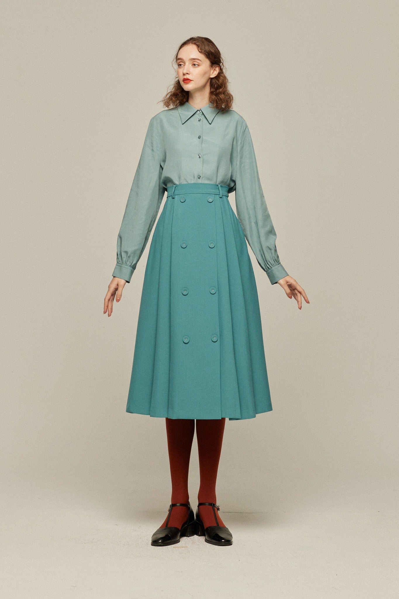 羊にまつ毛はあったっけ？》ダブルブレストプリーツスカート-Blue