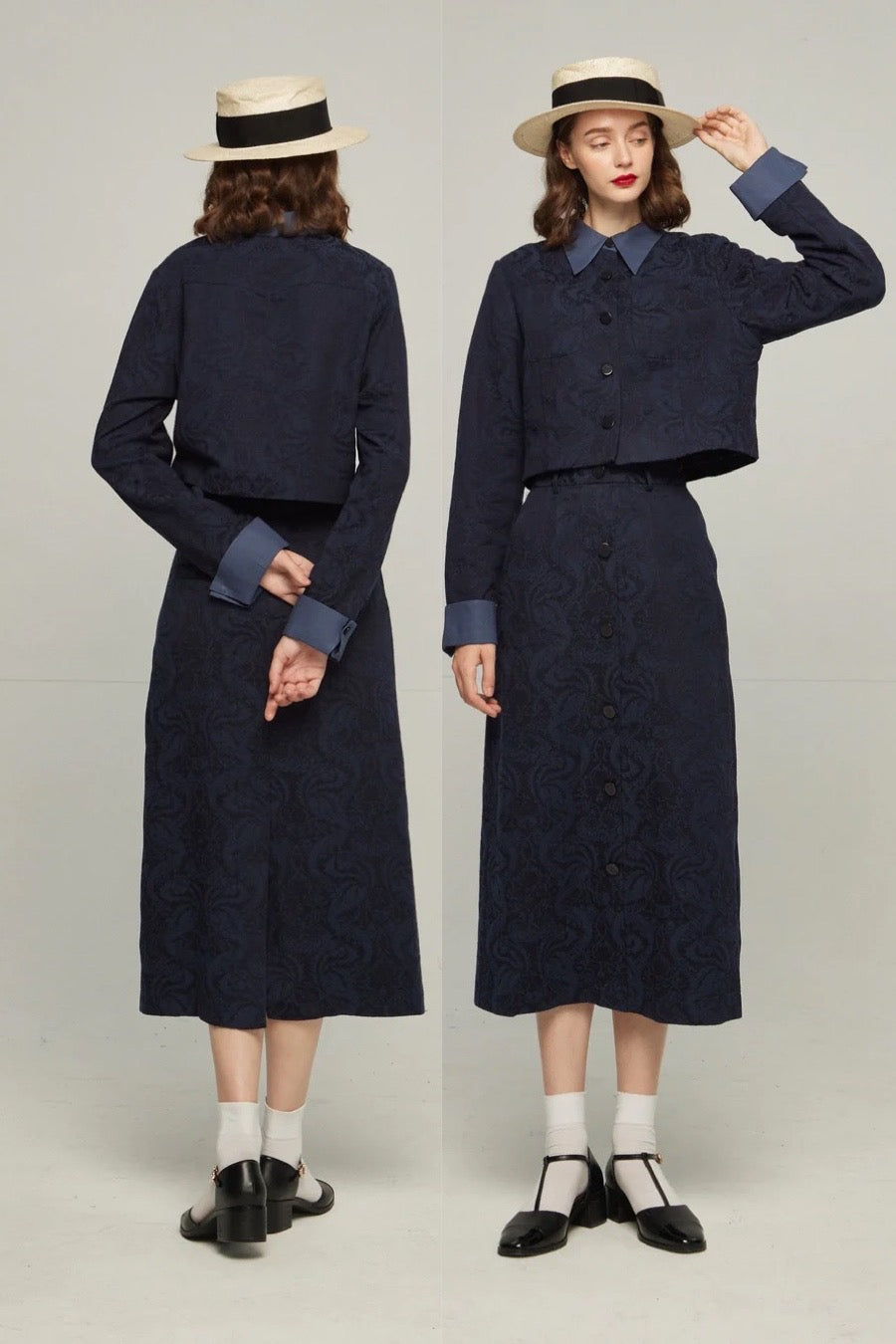 タクシーを呼んで》ハイウエストシノワズリジャガードスカート-Navy