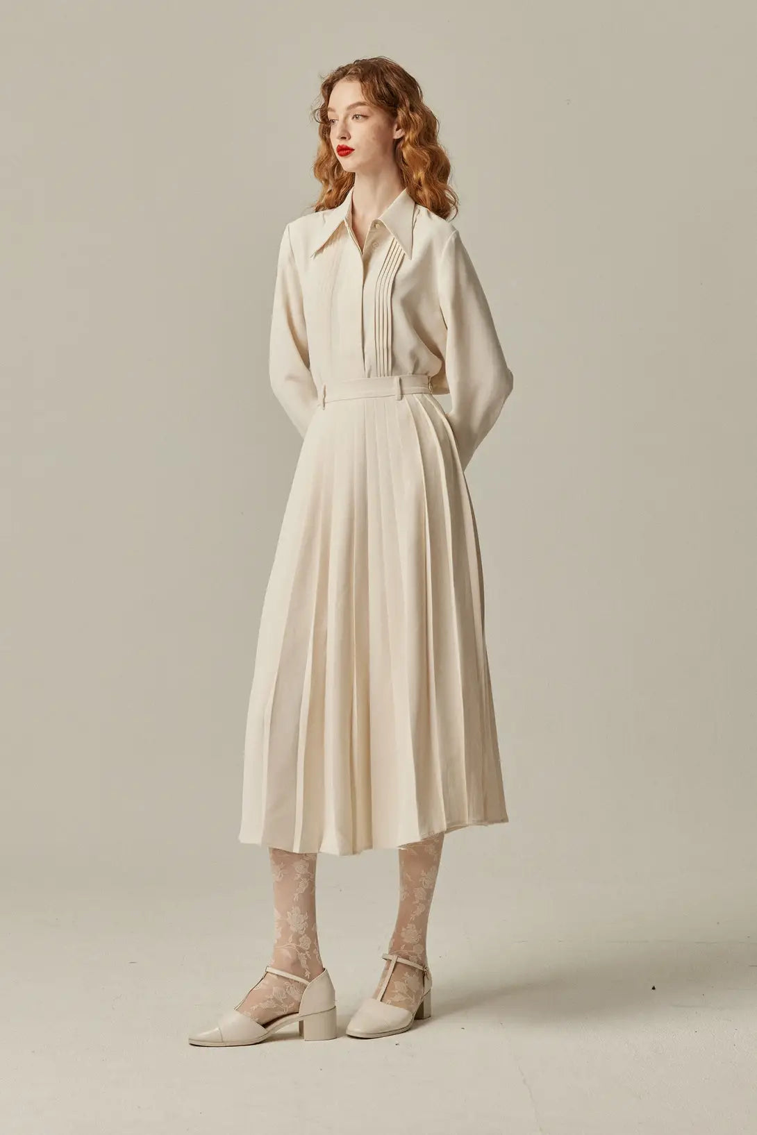フランス語は話せますか？》ハイウエストプリーツスカート-Ivory