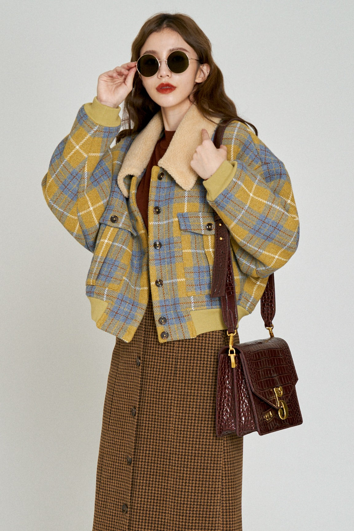 望遠鏡を使いますか？》ボアカラーウールチェックジャケット-Mustard