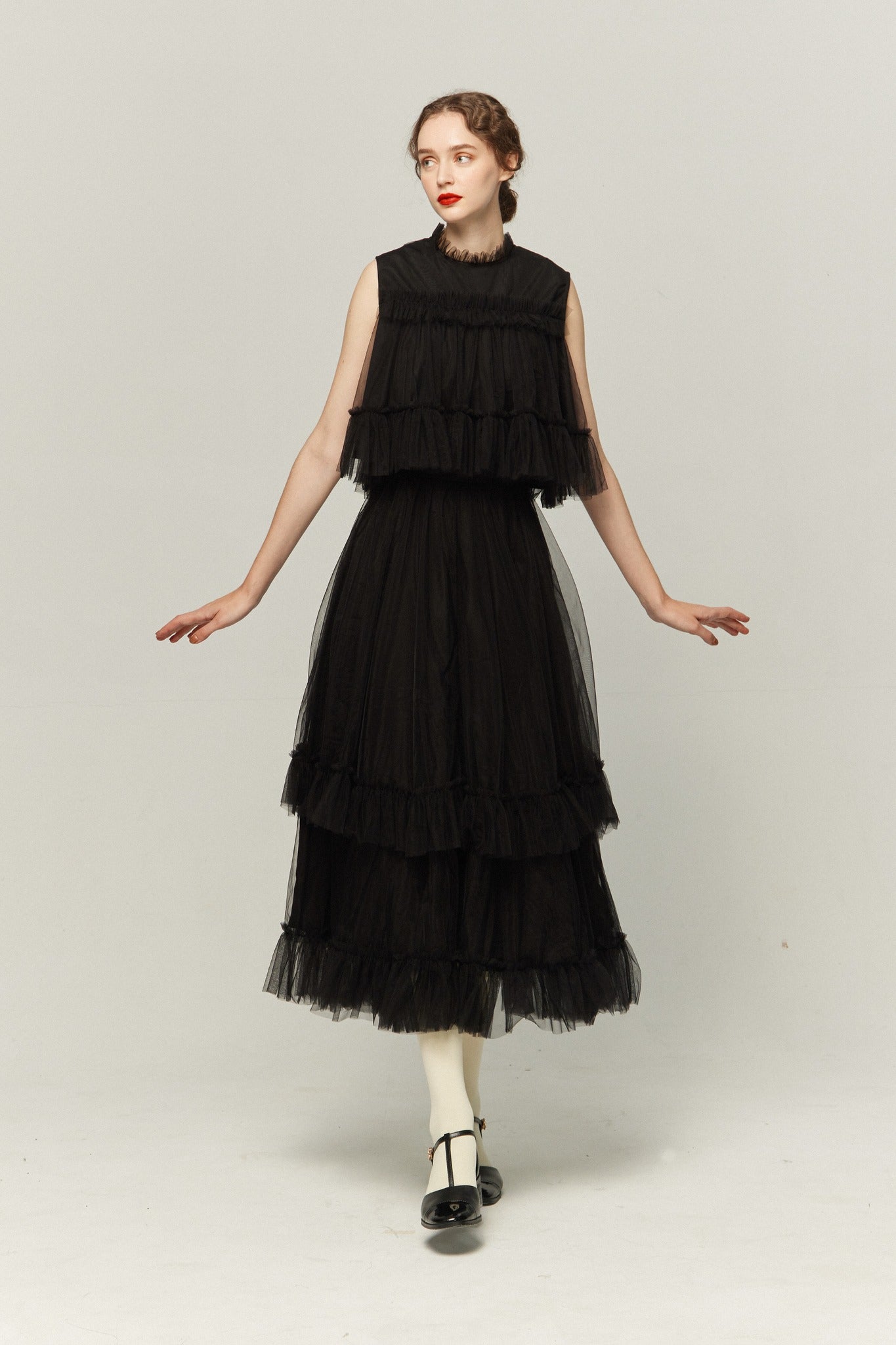 tnewties実は私300歳チュールフリルロング スカートチュールフリルトップ 実は私300歳》チュールフリルハイウエストフレアスカート-Black – Tnewties