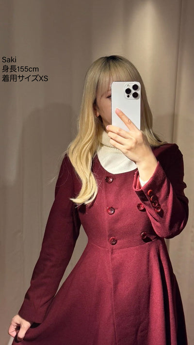 《いつもカウンターに座る彼女》ダブルブレストウールブレンドドレスコート-Wine red