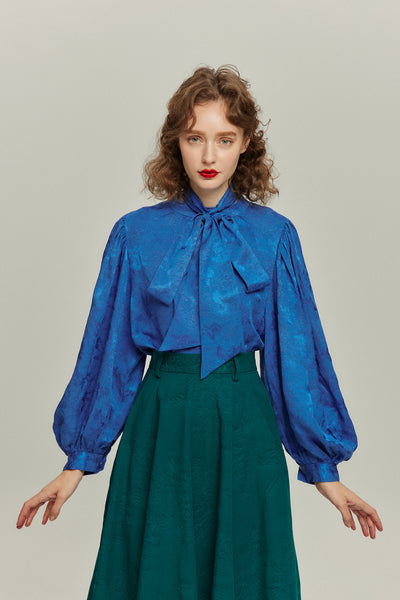 《ソファーにワックスする日》バルーンスリーブリボンタイトップス-Blue