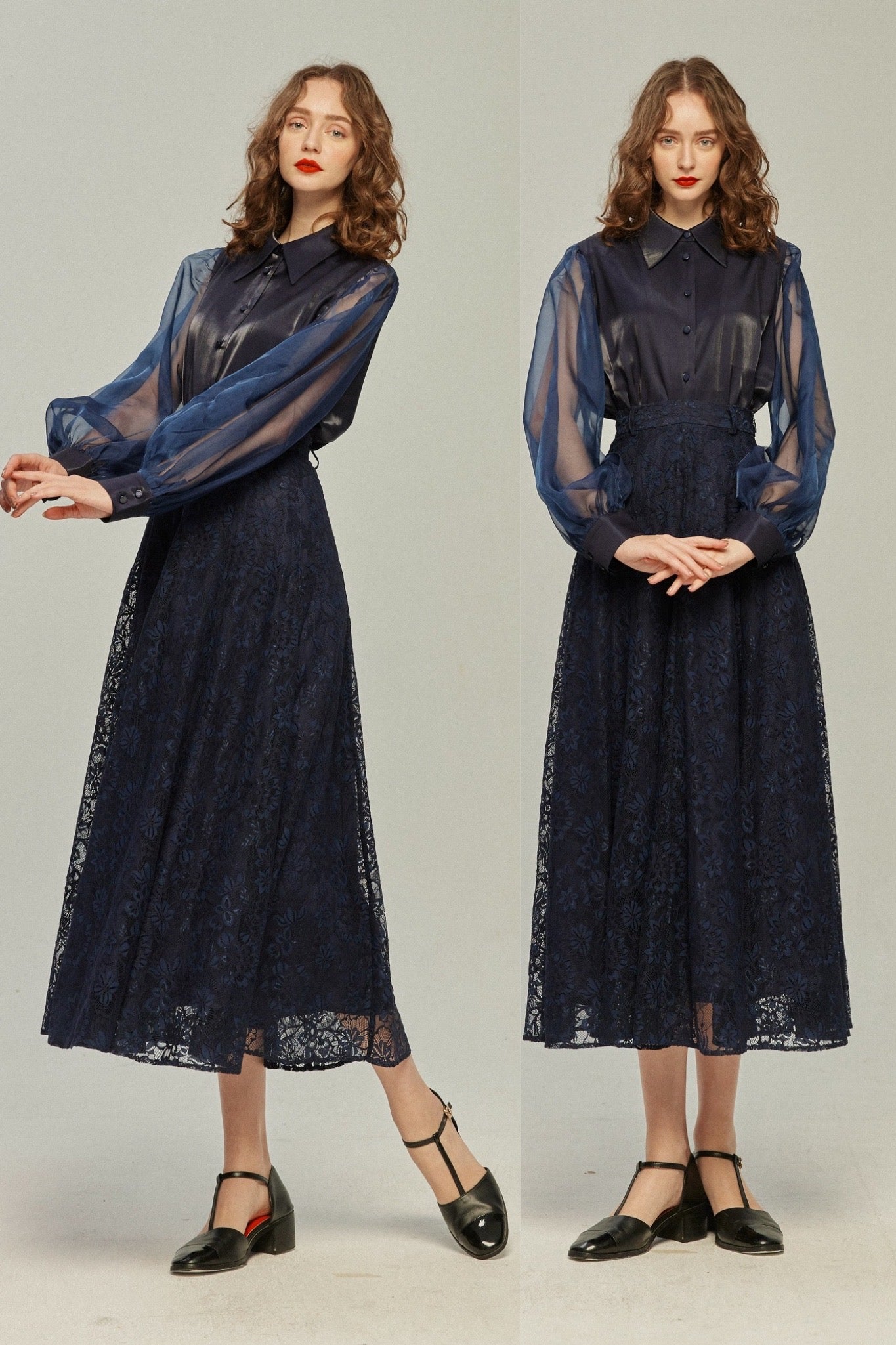 《100年も前からある》ハイウエストフレアレーススカート-Navy