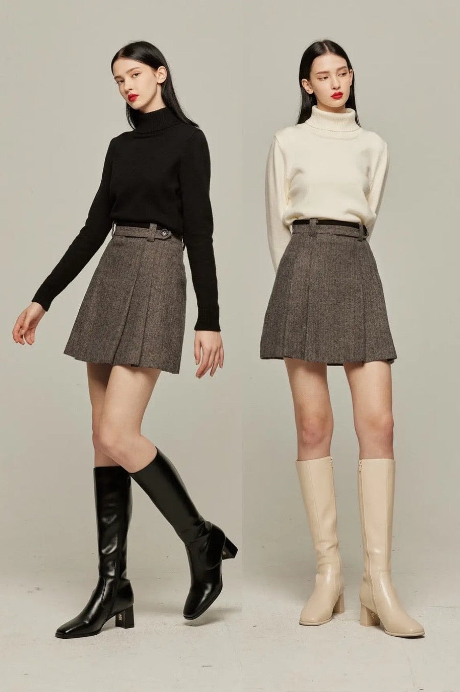 《I picked up a bag full of pine cones》 Front pleated high waist skirt-Gray