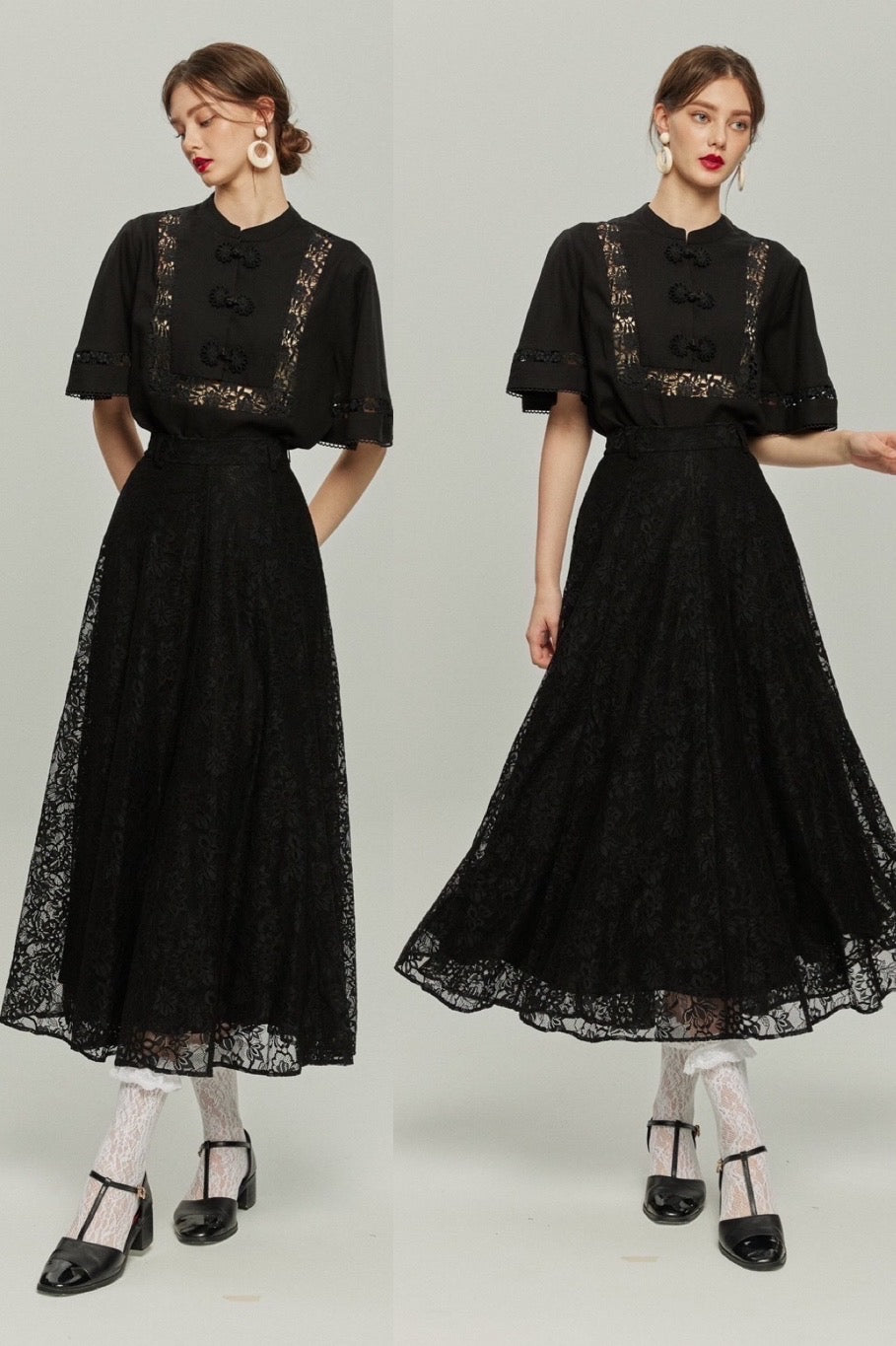 《不老不死の薬をください》チャイナバックルフレアスリーブトップス-Black