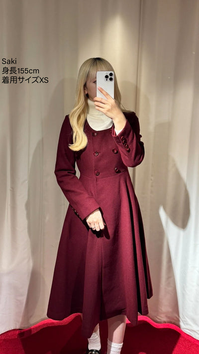 《いつもカウンターに座る彼女》ダブルブレストウールブレンドドレスコート-Wine red