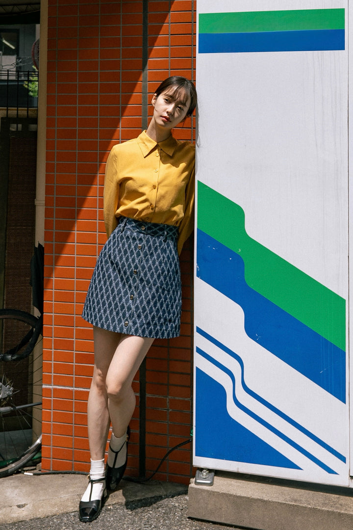 《ナプキンの正しい折り方》格子柄デニムスカート-Navy