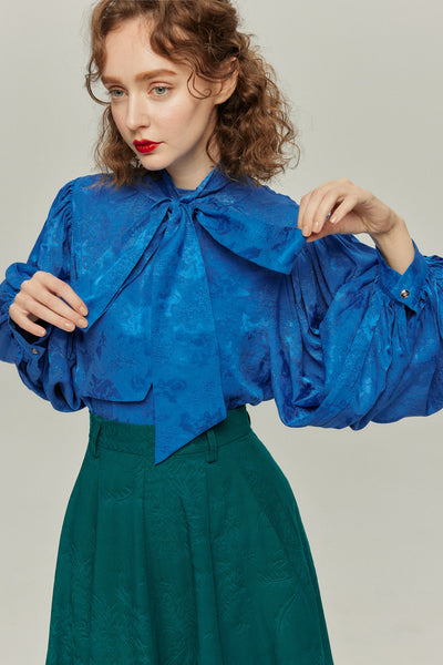 《ソファーにワックスする日》バルーンスリーブリボンタイトップス-Blue