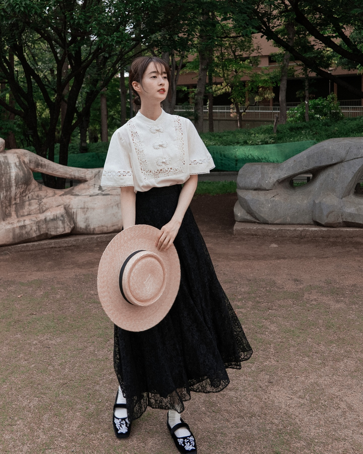 《100年も前からある》ハイウエストフレアレーススカート-Navy