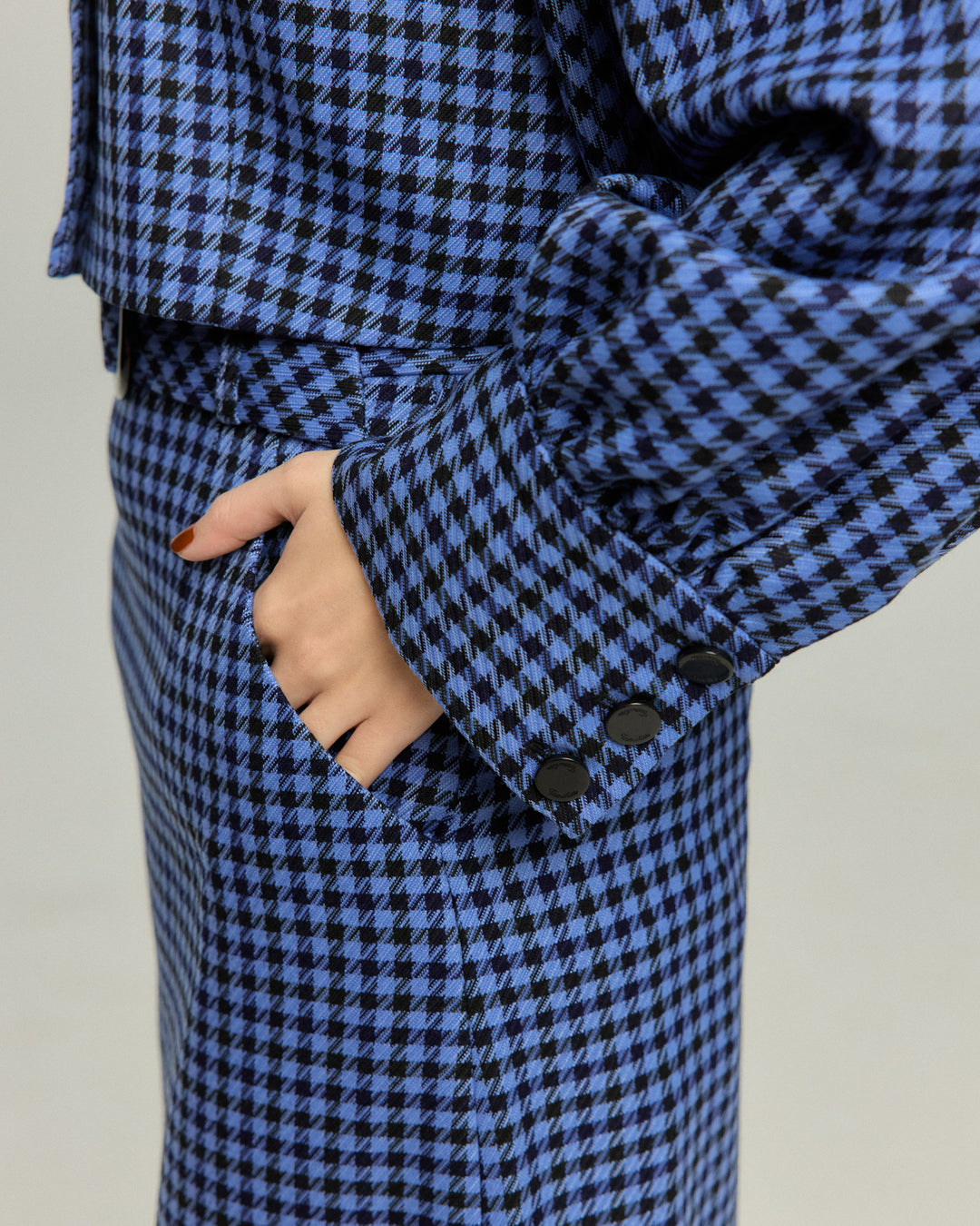 《缶切りが行方不明》2wayチェッククロップドトップス-Blue