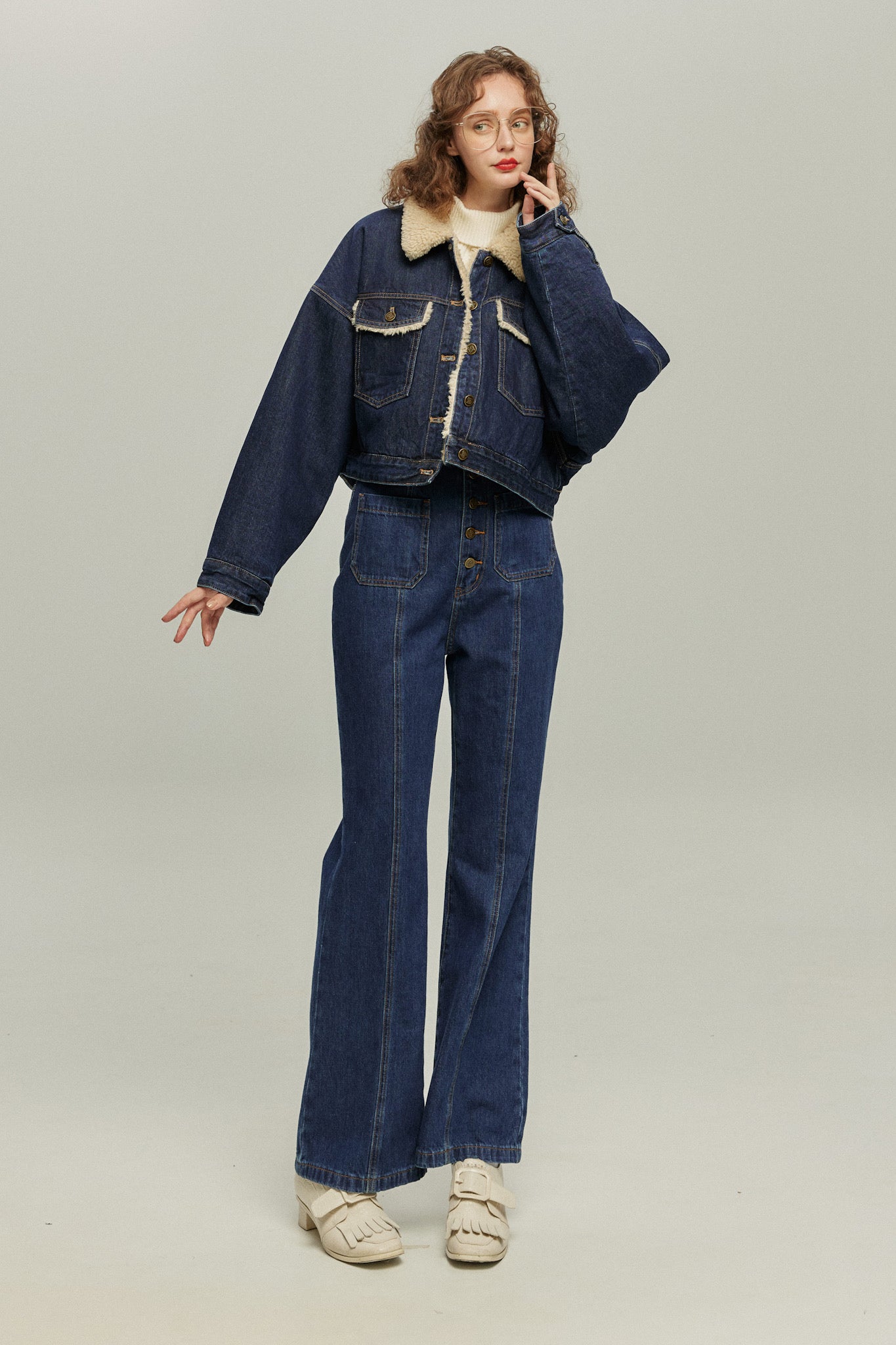 《犬のバルーンアート》ボアデニムジャケット-Navy