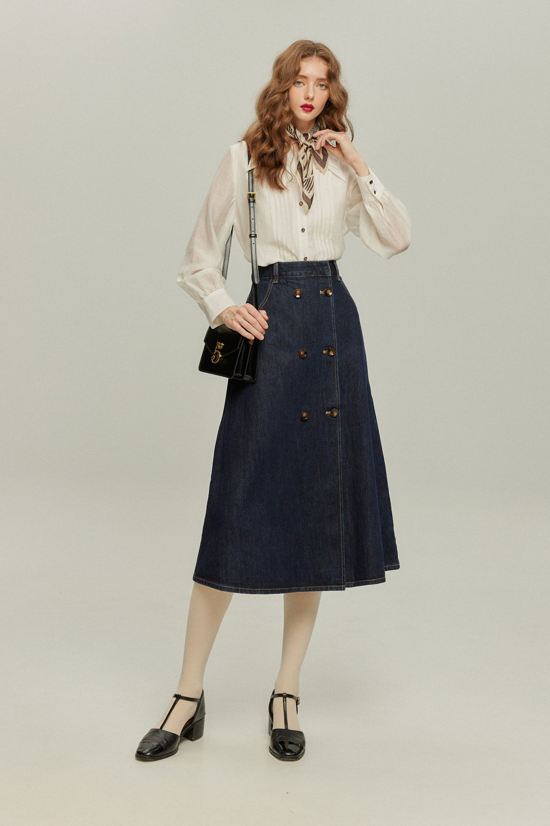 《何階に行きますか？》ダブルブレストデニムスカート-Navy