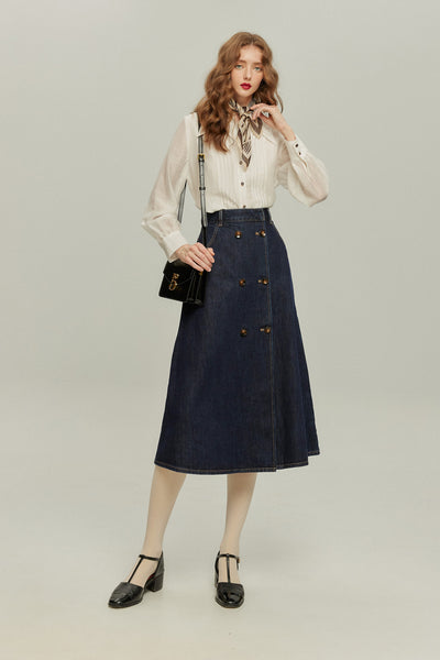 《何階に行きますか？》ダブルブレストデニムスカート-Navy
