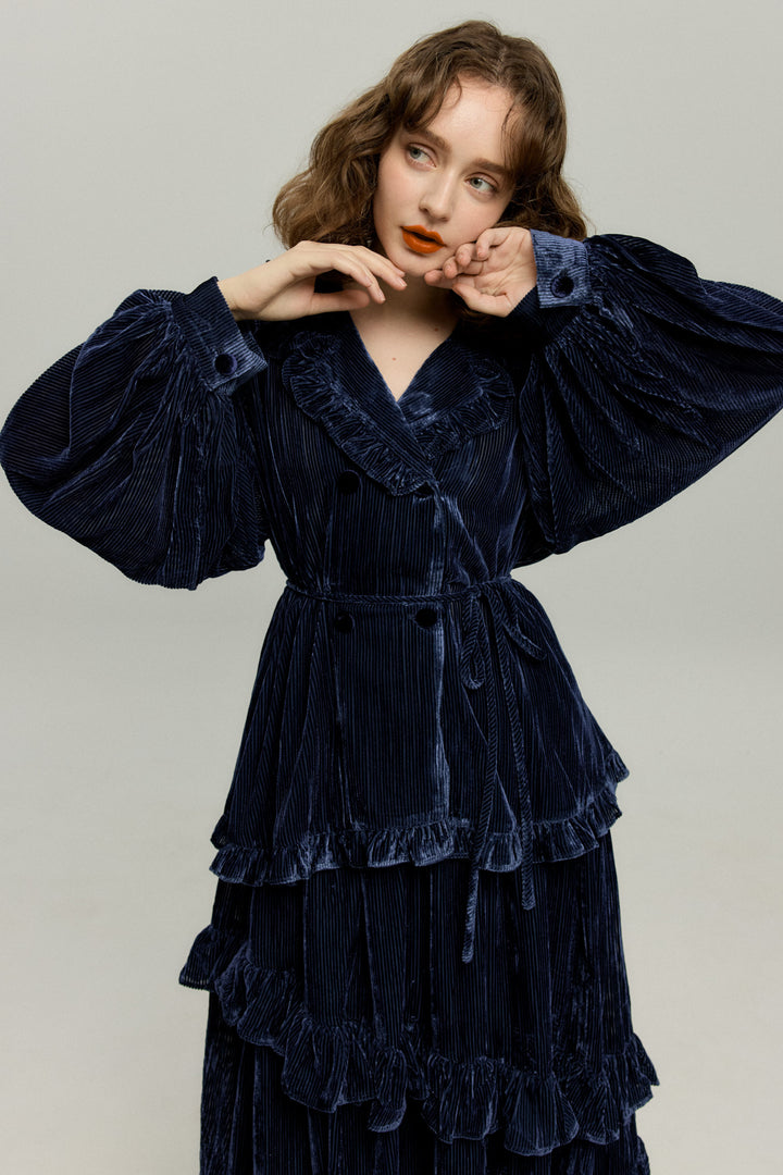 《お城を奪い返しちゃおう》フリルデザインベルベットトップス-Navy