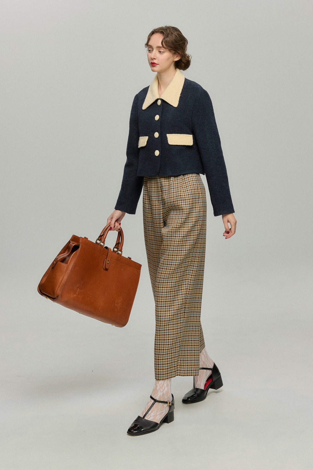 《テディベアの耳をちくちく直す》ハイウエストワイドチェックパンツ-Brown