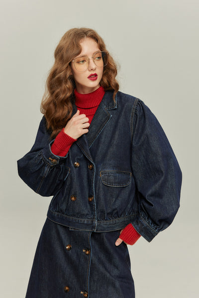 《何階に行きますか？》ダブルブレストデニムジャケット-Navy