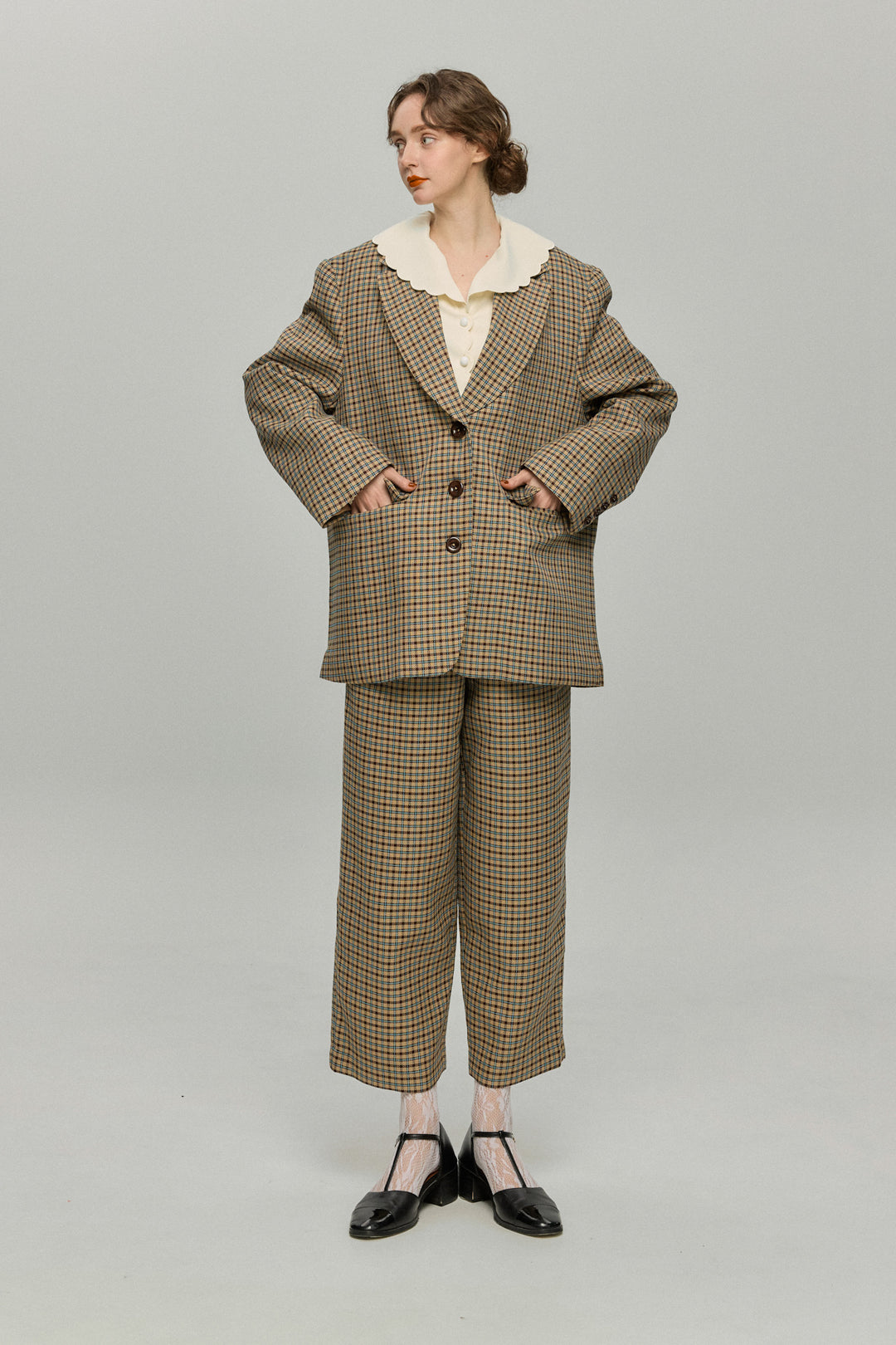 《テディベアの耳をちくちく直す》ハイウエストワイドチェックパンツ-Brown