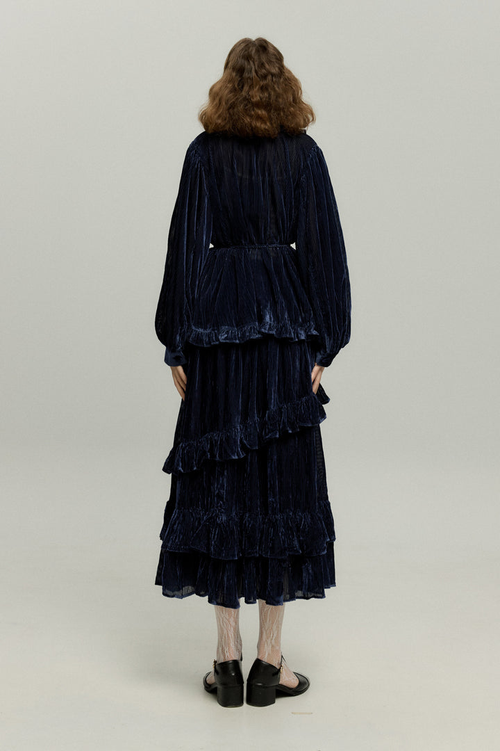 《お城を奪い返しちゃおう》フリルデザインベルベットトップス-Navy
