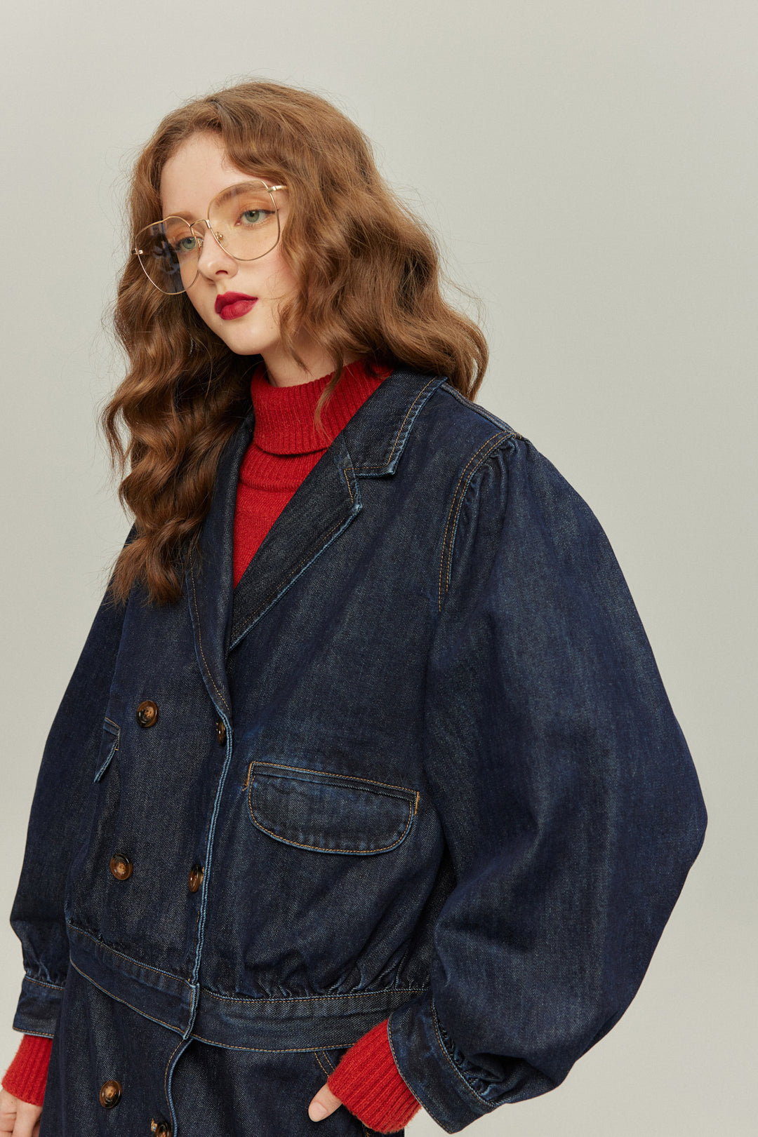 《何階に行きますか？》ダブルブレストデニムスカート-Navy
