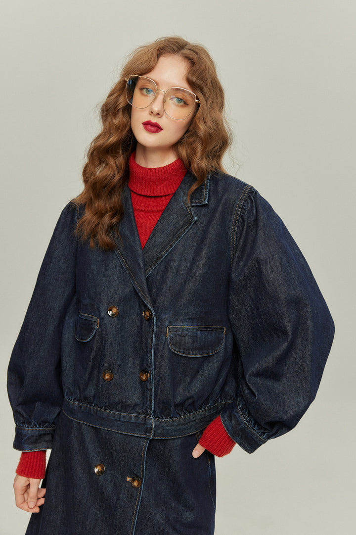 《何階に行きますか？》ダブルブレストデニムスカート-Navy