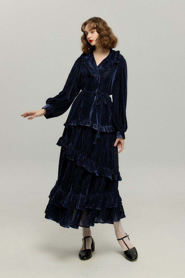 《お城を奪い返しちゃおう》フリルデザインベルベットトップス-Navy