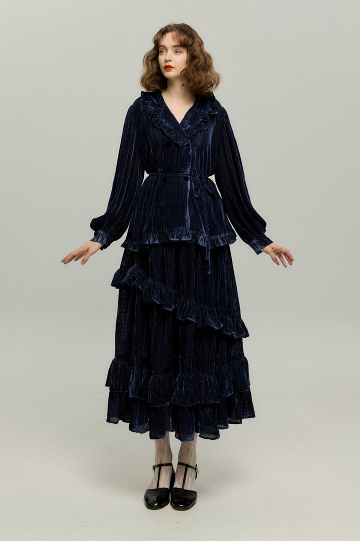 《お城を奪い返しちゃおう》フリルデザインベルベットトップス-Navy