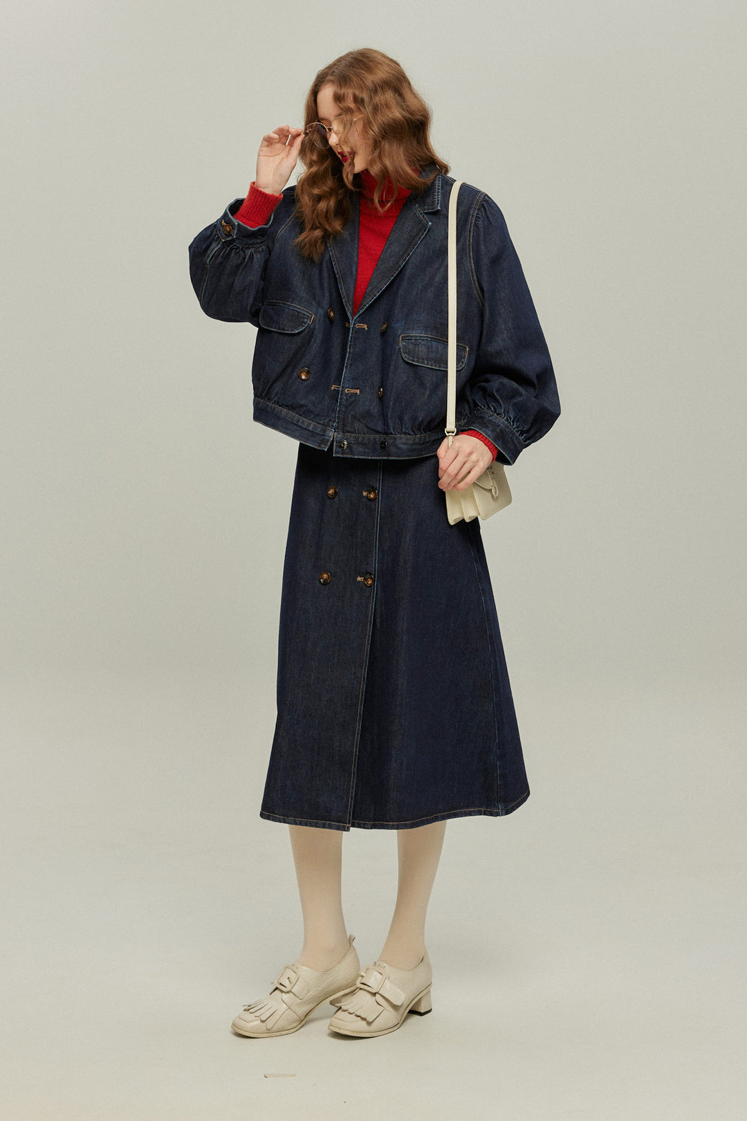 《何階に行きますか？》ダブルブレストデニムスカート-Navy