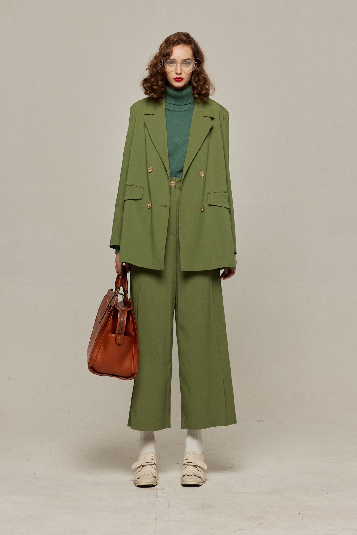 《Draw a map with tree branches》Double button jacket-Light green