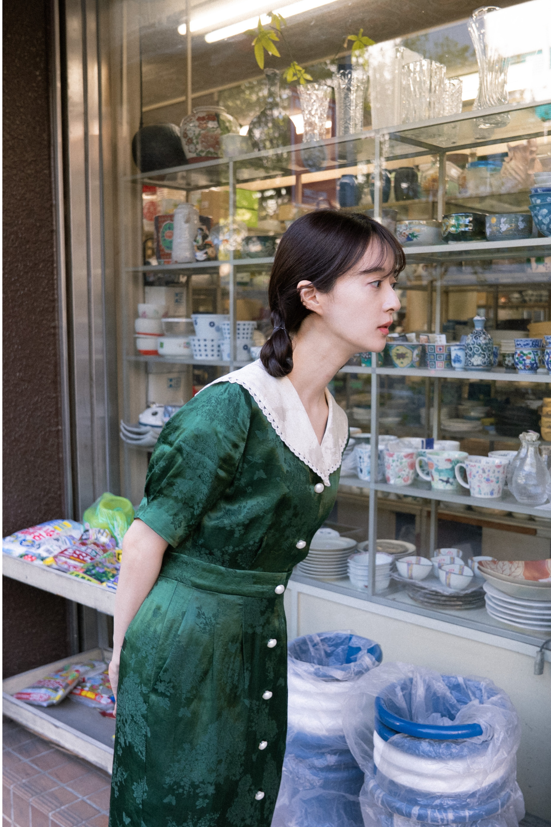 《一籠の包子は何個？》レーストリムジャガードワンピース-Green