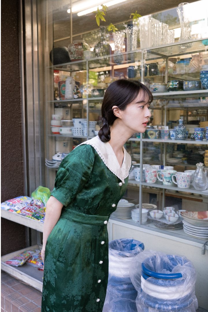 《一籠の包子は何個？》レーストリムジャガードワンピース-Green