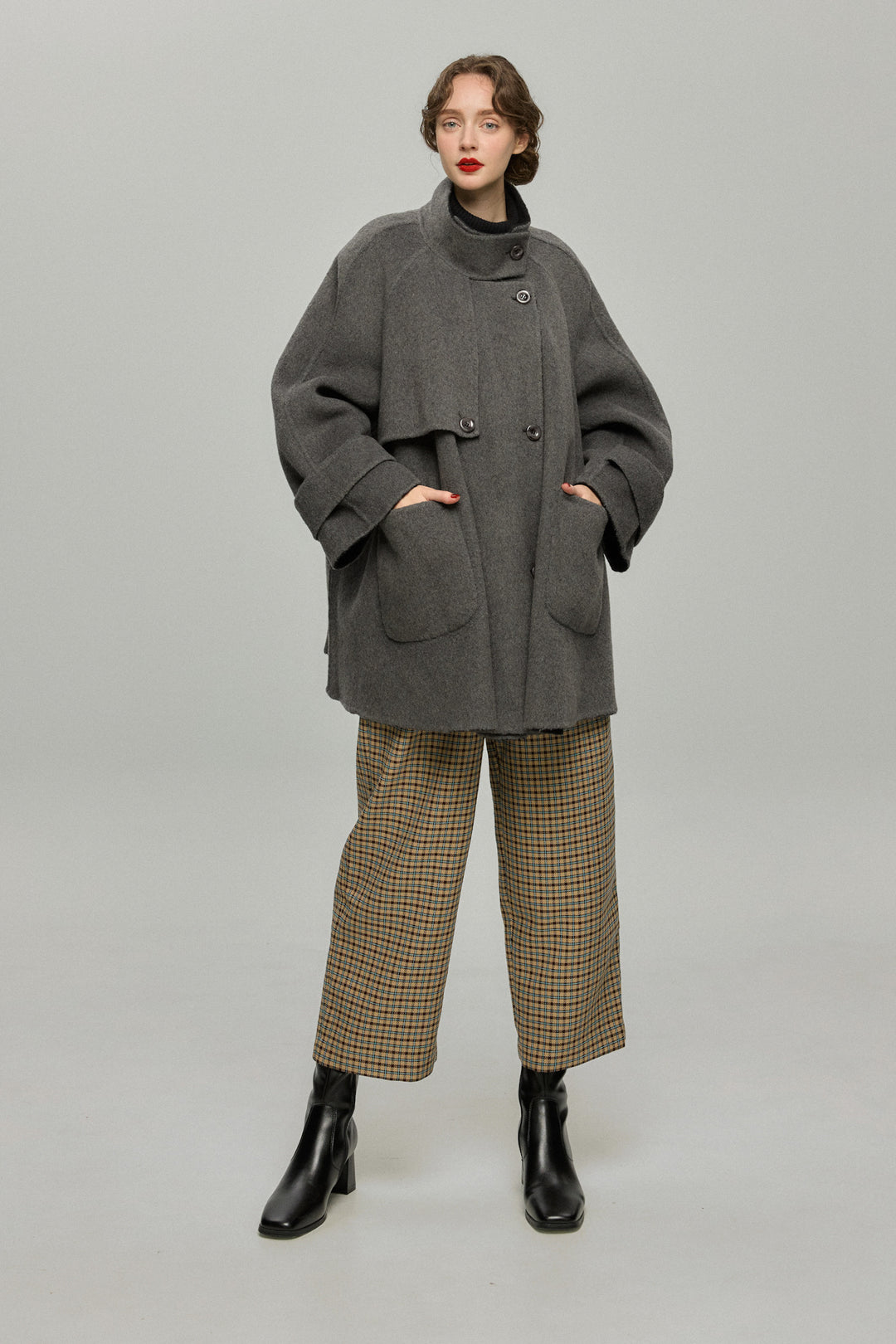 《テディベアの耳をちくちく直す》ハイウエストワイドチェックパンツ-Brown