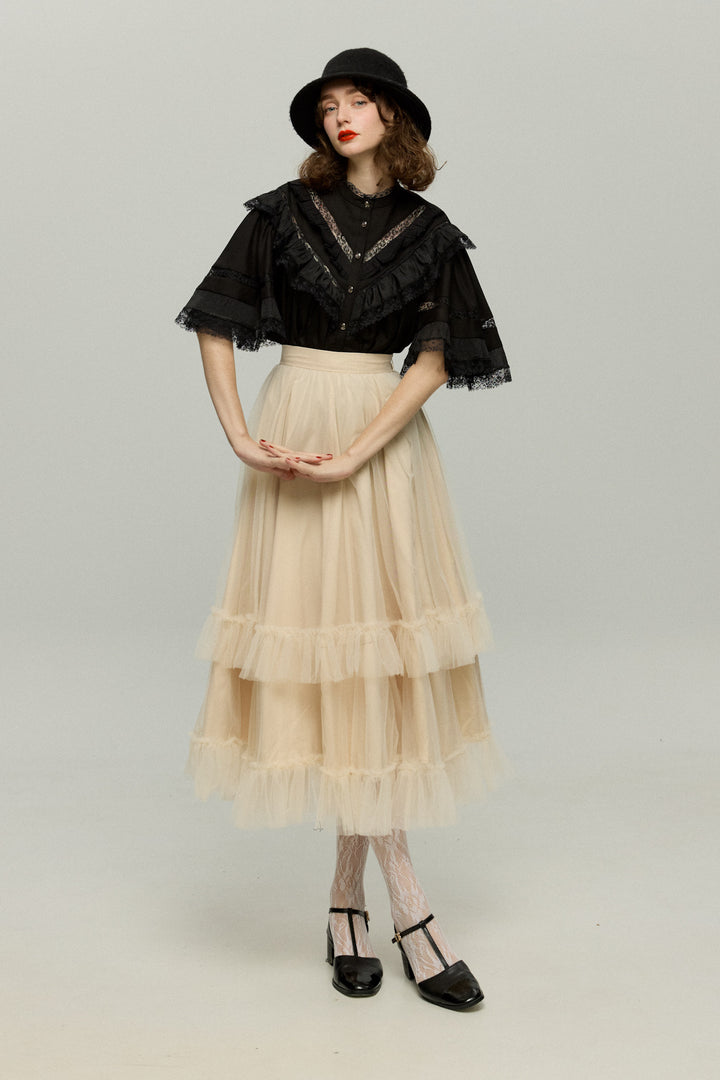 《実は私300歳》チュールフリルハイウエストフレアスカート-Cream