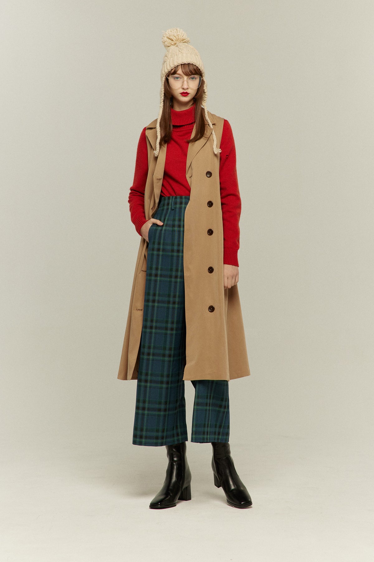 《Bumping into Paul on the street》 High waist wide check pants-Blue green