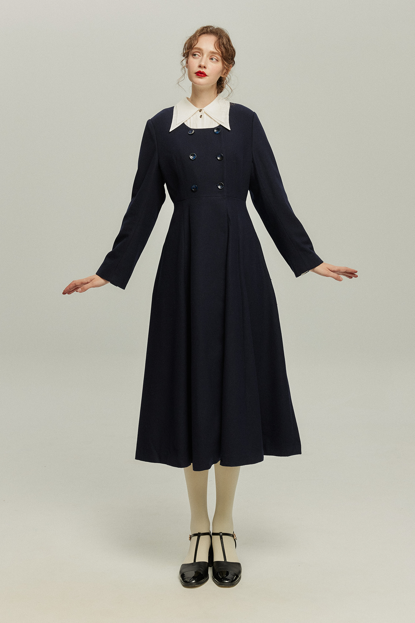 《いつもカウンターに座る彼女》ダブルブレストウールブレンドドレスコート-Navy