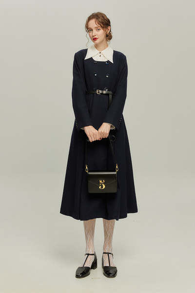 《いつもカウンターに座る彼女》ダブルブレストウールブレンドドレスコート-Navy