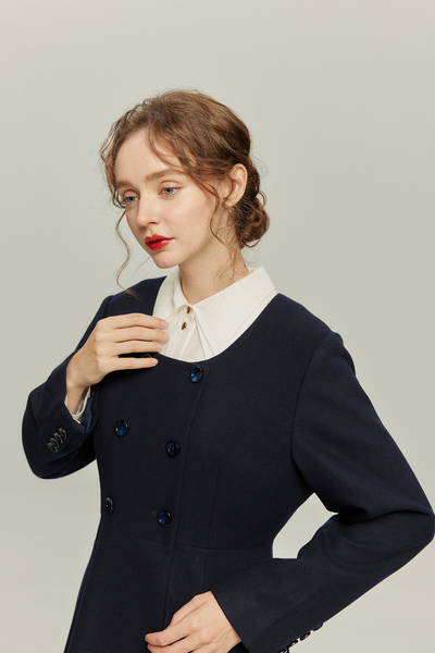 《いつもカウンターに座る彼女》ダブルブレストウールブレンドドレスコート-Navy
