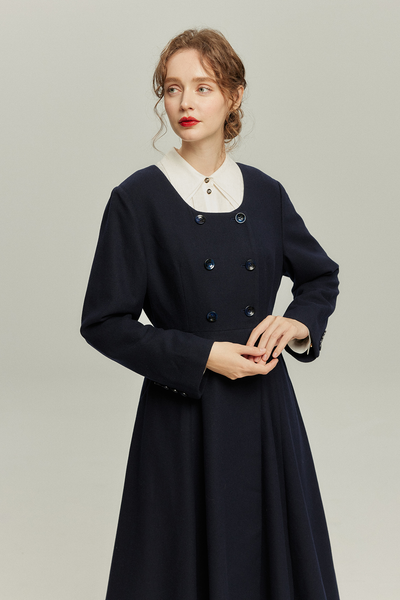 《いつもカウンターに座る彼女》ダブルブレストウールブレンドドレスコート-Navy