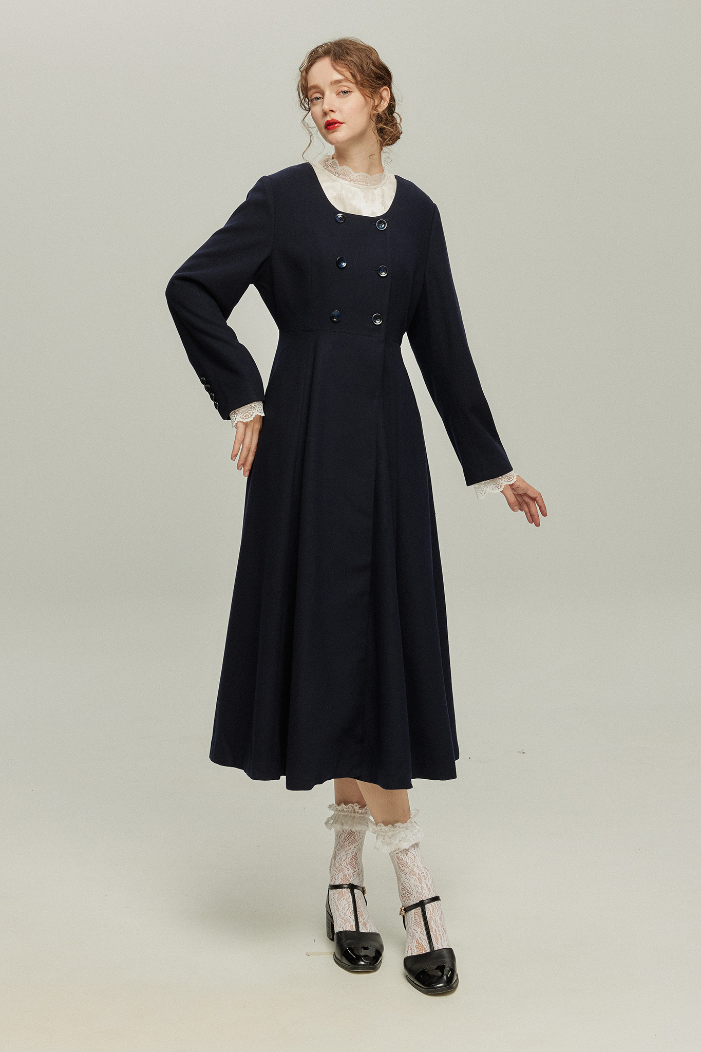 《いつもカウンターに座る彼女》ダブルブレストウールブレンドドレスコート-Navy