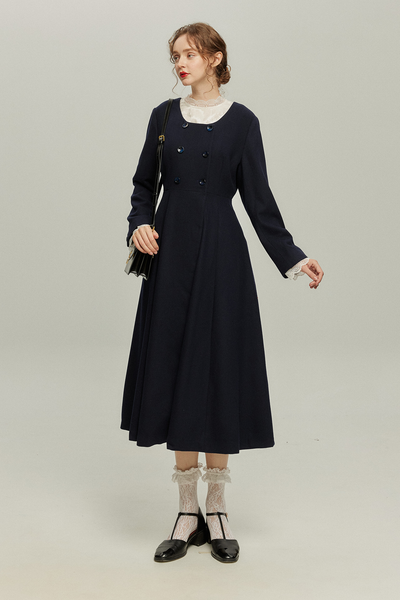 《いつもカウンターに座る彼女》ダブルブレストウールブレンドドレスコート-Navy