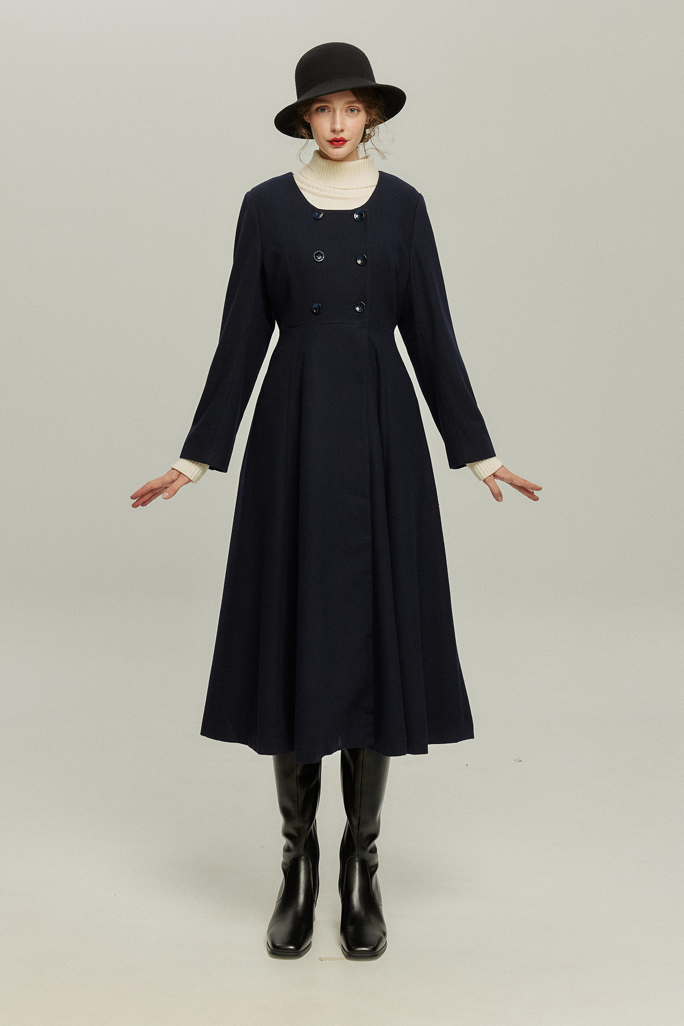 《いつもカウンターに座る彼女》ダブルブレストウールブレンドドレスコート-Navy