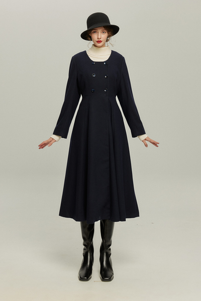 《いつもカウンターに座る彼女》ダブルブレストウールブレンドドレスコート-Navy