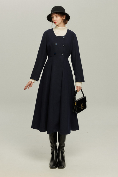 《いつもカウンターに座る彼女》ダブルブレストウールブレンドドレスコート-Navy