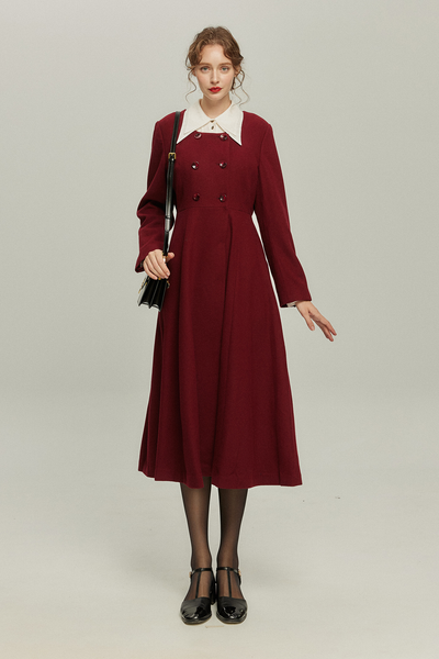 《いつもカウンターに座る彼女》ダブルブレストウールブレンドドレスコート-Wine red