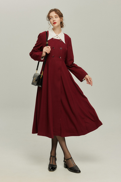《いつもカウンターに座る彼女》ダブルブレストウールブレンドドレスコート-Wine red