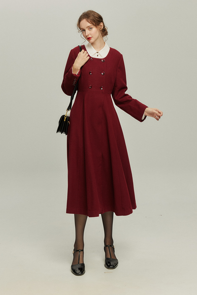 《いつもカウンターに座る彼女》ダブルブレストウールブレンドドレスコート-Wine red