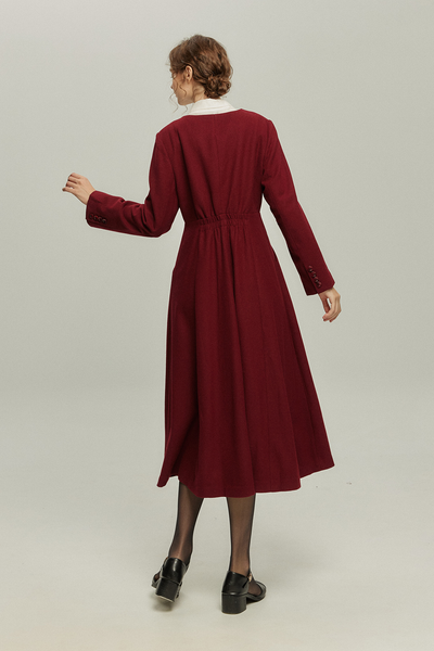 《いつもカウンターに座る彼女》ダブルブレストウールブレンドドレスコート-Wine red