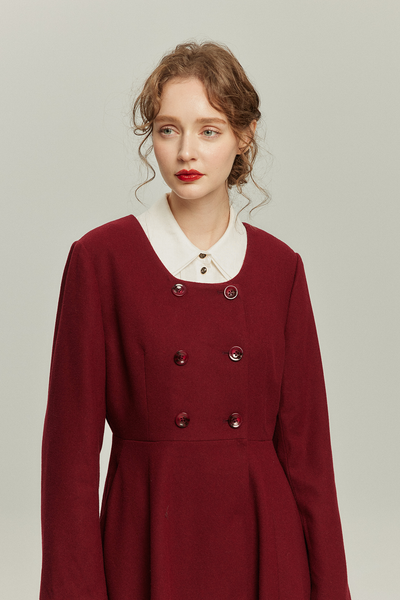 《いつもカウンターに座る彼女》ダブルブレストウールブレンドドレスコート-Wine red