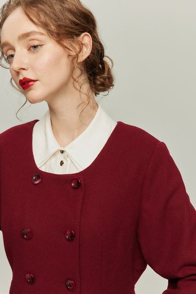 《いつもカウンターに座る彼女》ダブルブレストウールブレンドドレスコート-Wine red