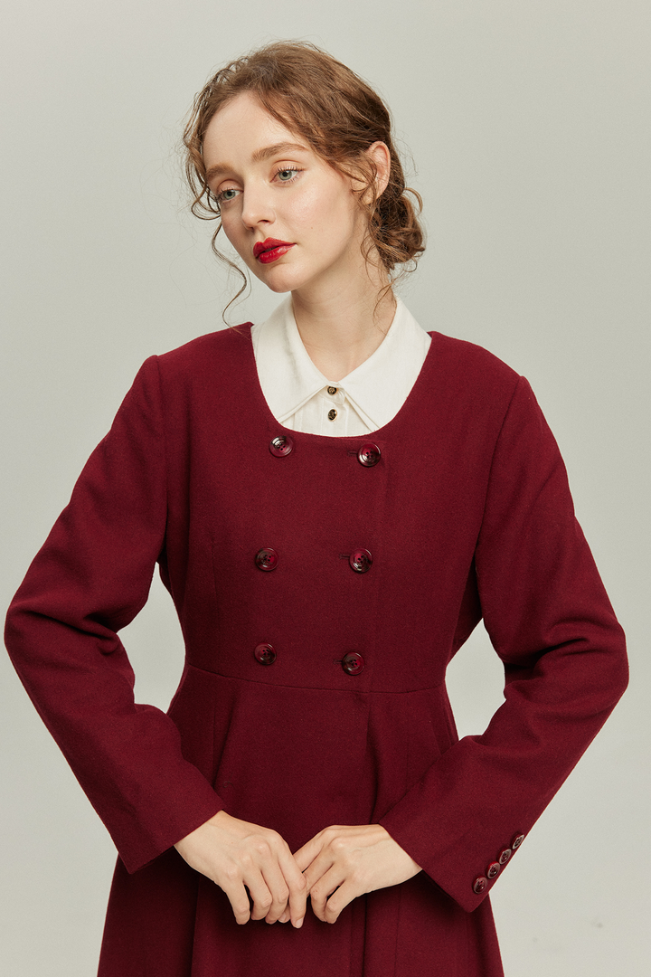 《いつもカウンターに座る彼女》ダブルブレストウールブレンドドレスコート-Wine red